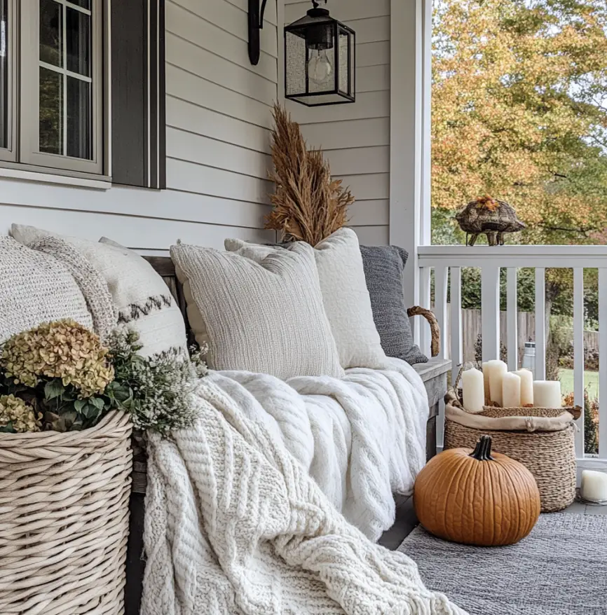 A front porch view with a cozy scene. Blankets and pillows.